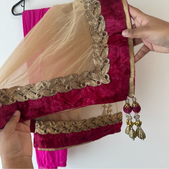 Elegant Pink and Gold Three-Piece Lehenga with Velvet Borders - Picture 16 of 16